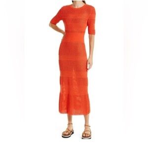 Jason Wu Collective Mixed Open Knit Crewneck Maxi Dress Coral Orange Sz M Sheer